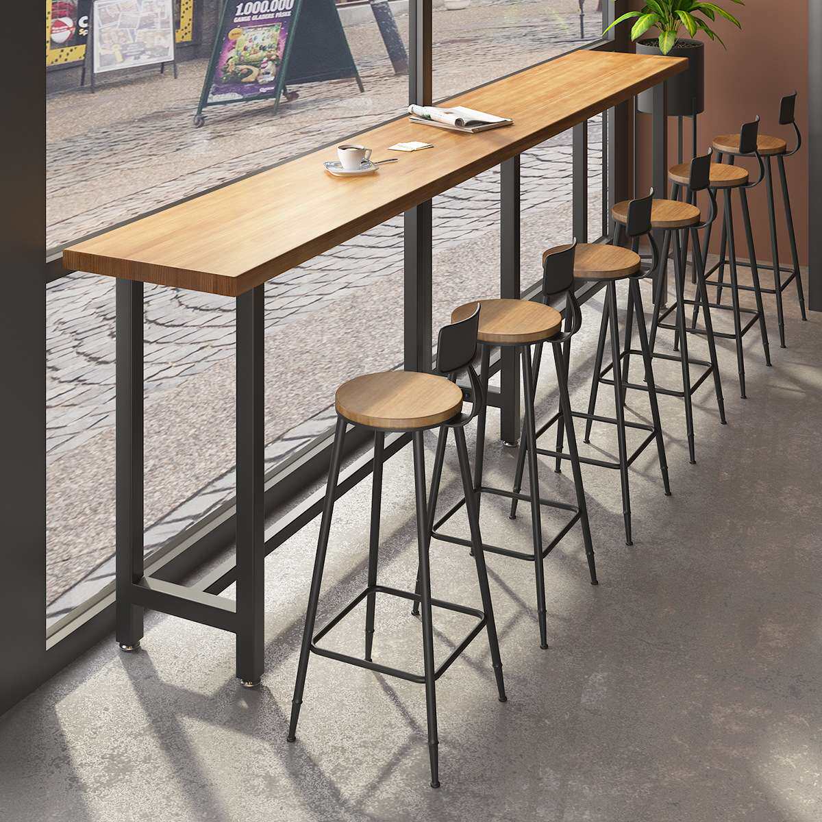 现代吧台桌椅组合商用实木餐厅奶茶店咖啡厅长条桌高脚靠墙窄桌子