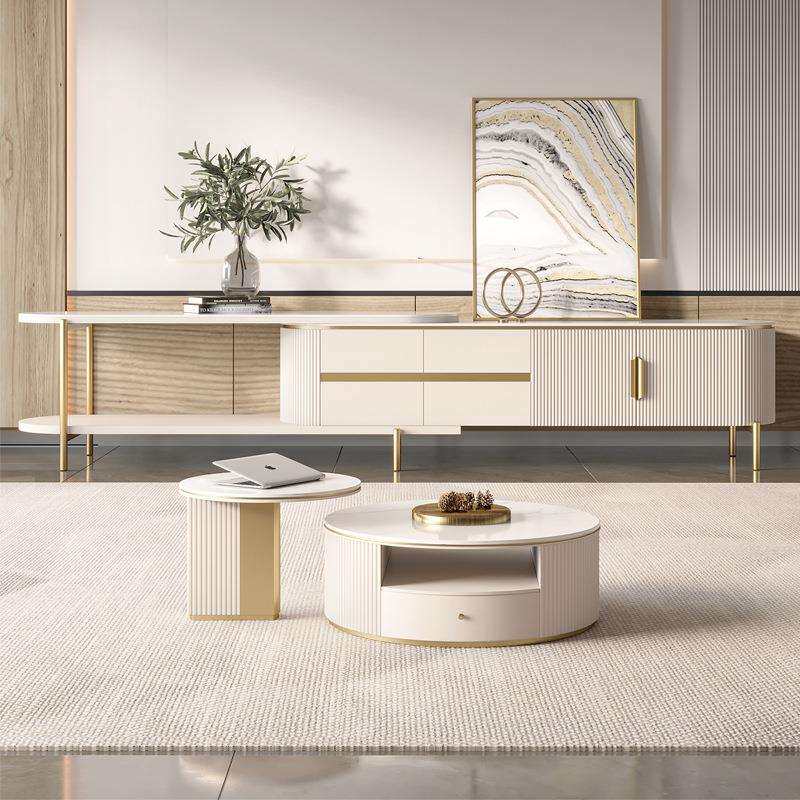 现代轻奢可伸缩电视柜小户型客厅烤漆储物地柜岩板电视柜茶几组合