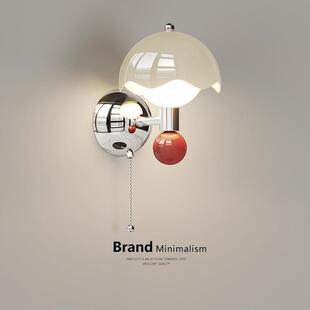 拉线开关壁灯中古床头灯2025新款法式蛋壳卧室墙灯奶油风护眼灯具