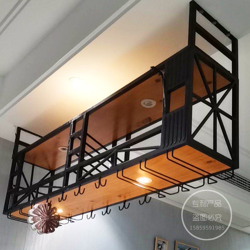 创意铁艺倒挂高脚杯架酒吧悬挂酒架酒柜吧台吊架家用实木吊顶吊柜