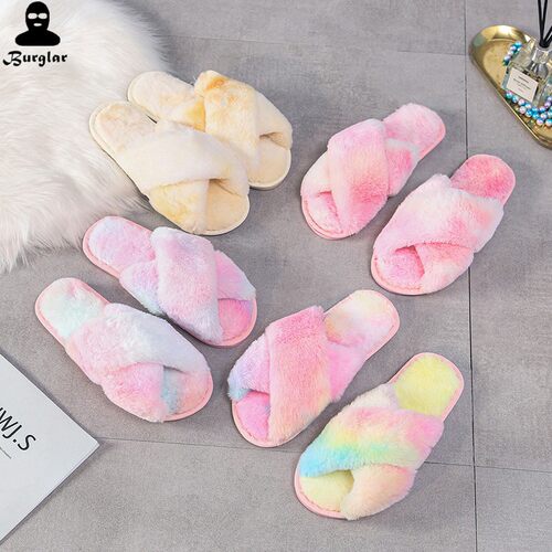 Women Warm Fluffy Slippers Cozy Faux Fur Cross Indoor Slides