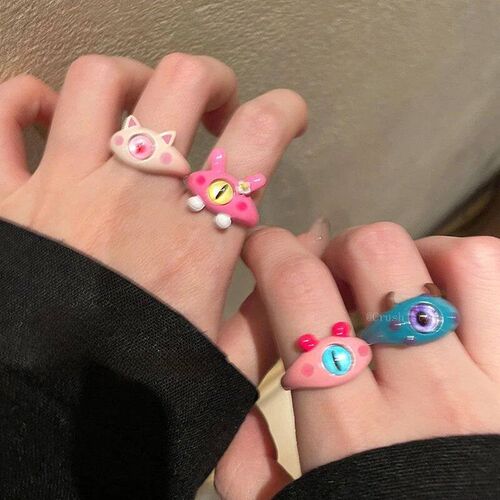 Black Cat Monster Ring for Women Funny Big Eye Cartoon Coupl