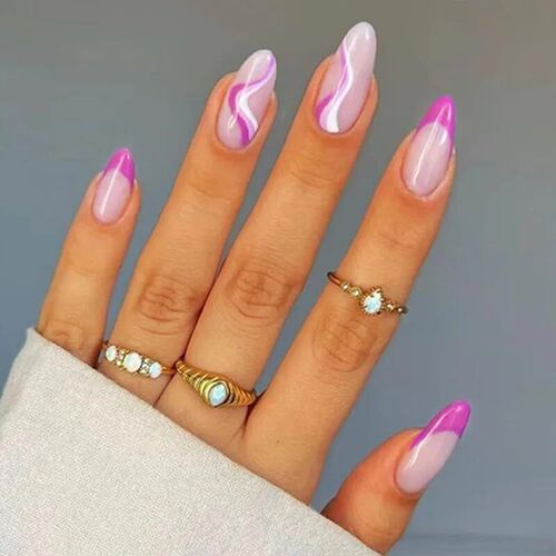 24Pcs French False Nails Almond Fake Nails with Glue Press o