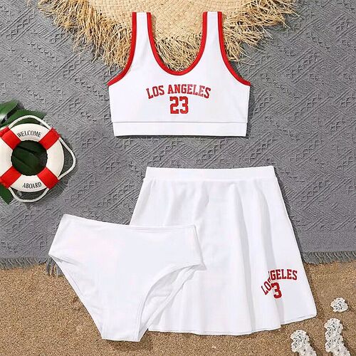 Girl Letter Graphic Contrast Binding Bikini Swimsuit Kids wi