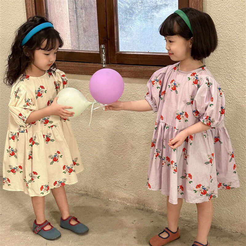 Girls Summer Dress Puff Sleeve Cotton Flower New Childrens图片