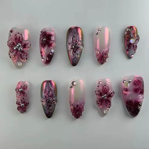 24pcs Flower Print Press on Nails Wine Red Blush Almond Fals