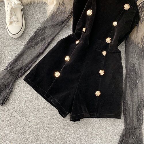Two Piece Outfits Lace Tulle Pullover Flare Sleeve Shorts Go