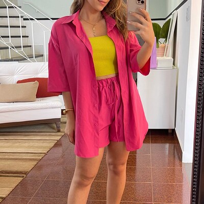 Simplee Casual lace up short sleeve summer set women  Loose
