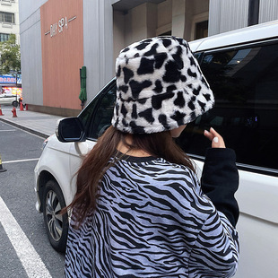 Autumn Winter Panama Hat for Women Faux Fur Bucket Hats Cow