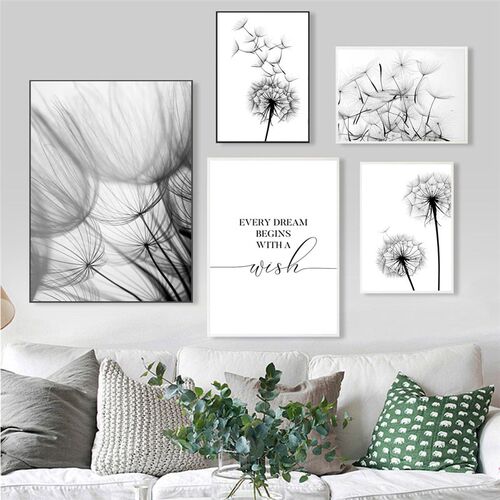 Modern Dandelion Wall Art  Painting Black White Wish Quote P