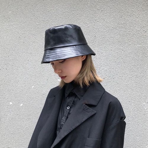 Winter Autumn Solid Black Soft PU Leather Bucket Cap Retro L