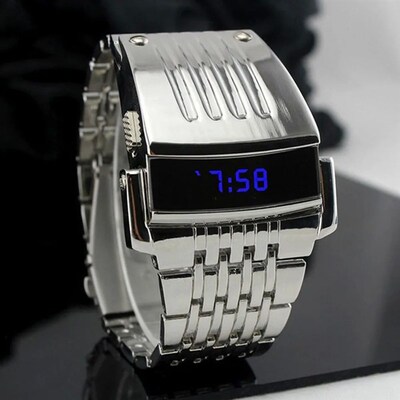 Fashion Electronic Watch Blue LED Display Wide Stainless Ste