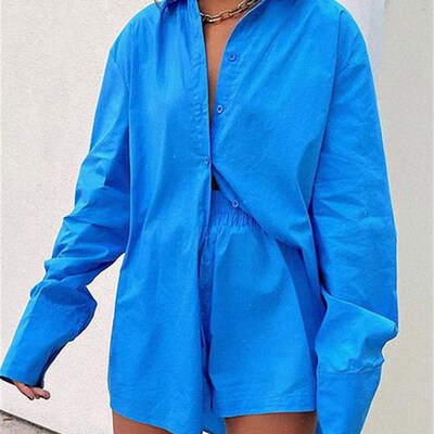 Sampic Women Blue Suit 2022 Casual Loose Long Sleeve Shirt S