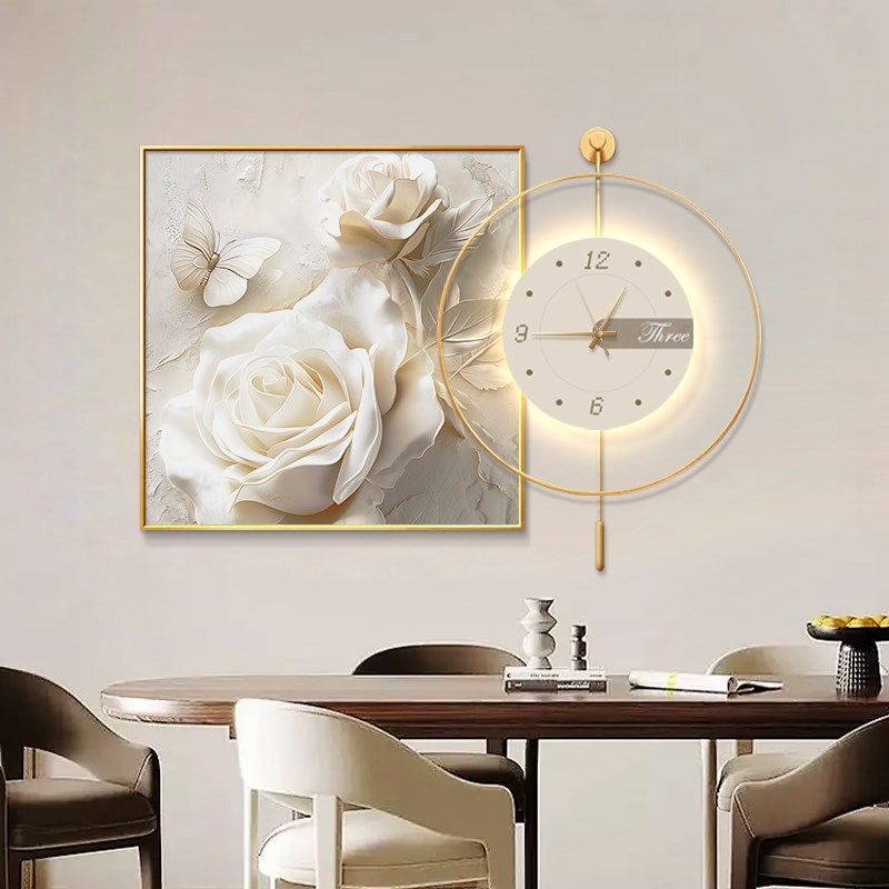 奶油风餐厅装饰画餐桌背景墙钟表挂画抽象花卉创意挂钟壁画,家居饰品,现代装饰画,淘宝优惠券,粉丝福利购,淘宝优惠卷