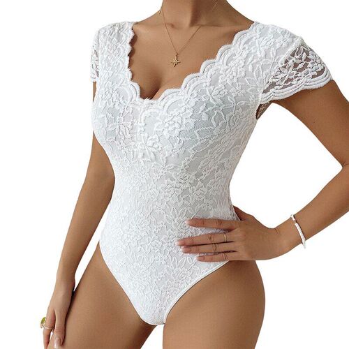 Women Slim One Piece Bodysuit Lace Flower Jacquard Flying Sl