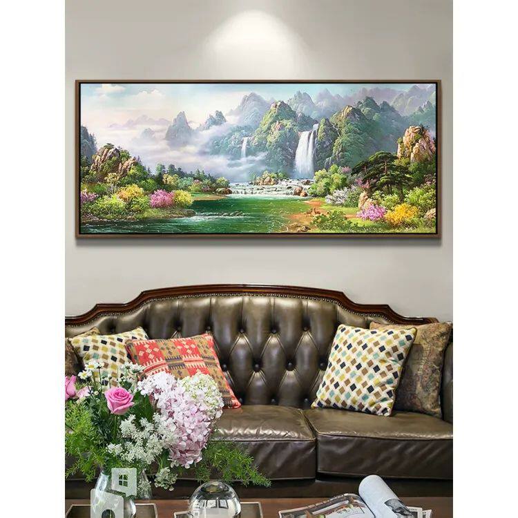 纯手绘油画定制简欧山水聚宝盆风景画客厅装饰画横沙发背景墙挂画