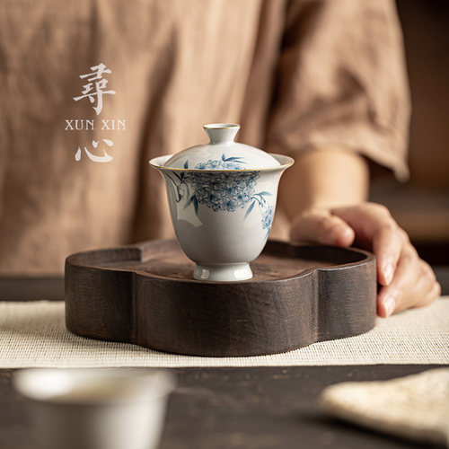 寻心手绘绣球花手工盖碗单个复古茶碗带盖家用陶瓷功夫茶具泡茶器