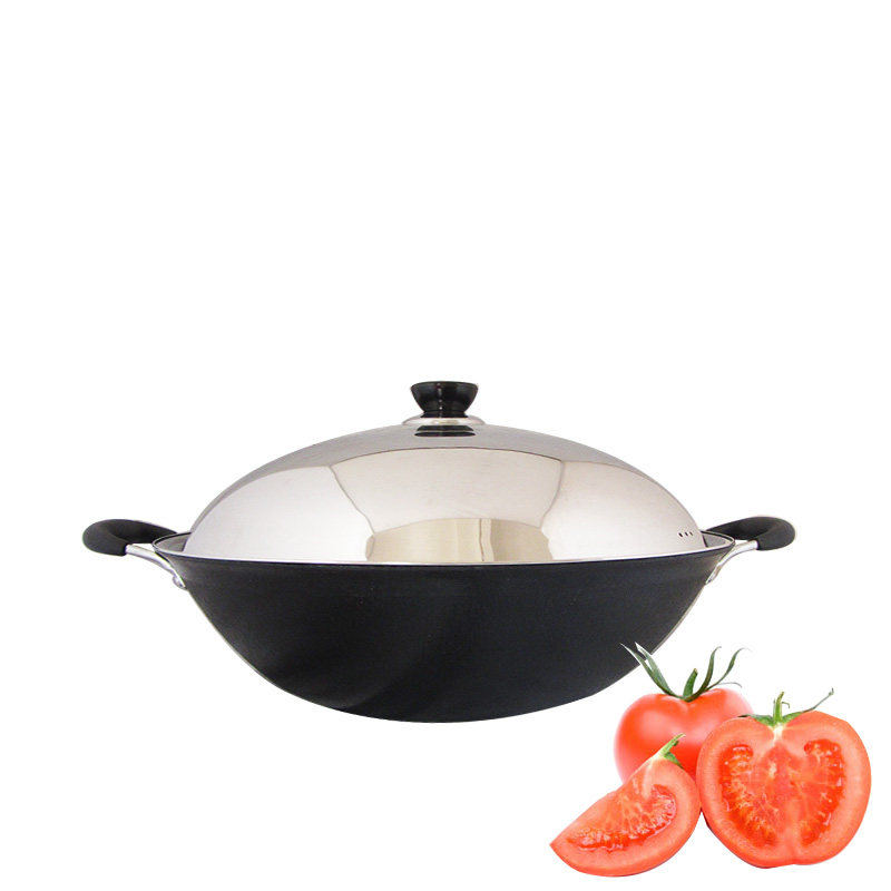 美能达双耳生铁鼎双柄圆底炒锅不粘铸铁锅带盖电磁炉燃气炉通用