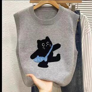 可爱减龄针织无袖毛衣马甲背心经典刺绣小猫时尚百搭内搭秋冬叠穿