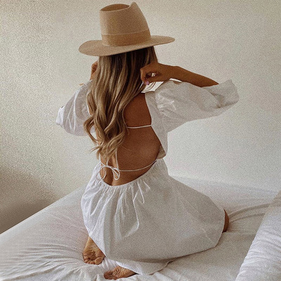 Allukasa white dress Puff sleeve princess sleeves one-neck