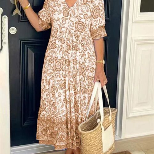 Women Floral Printed Boho Dress  Summer Sexy V Neck Short