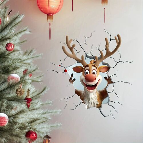 3D Reindeer Break-Through Wall Decal, Vinyl Chritma Wall er,