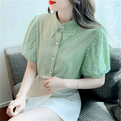 Fashion Lapel Beading Puff Sleeve Lace Oversized Shirt 2022
