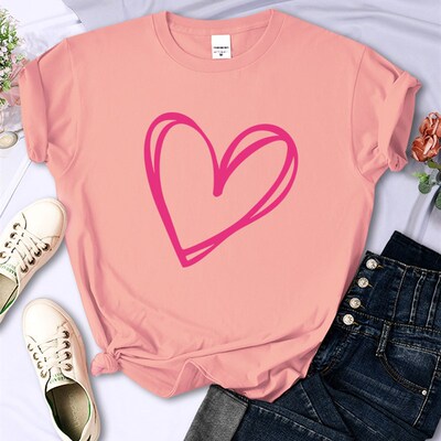 Simple Pink Heart Print Women Tee Clothing Personality