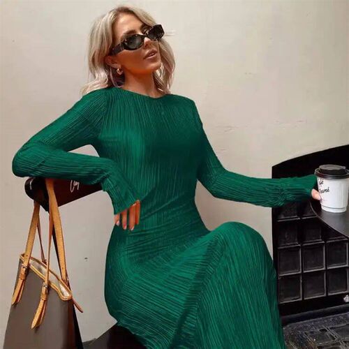 Laxsesu Elegant Bodycon Dress for Women 2023 Solid O Neck Fl