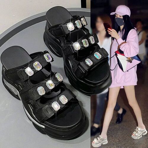 European Rhinestone Buckle Thick Bottom Higher Slope Heel