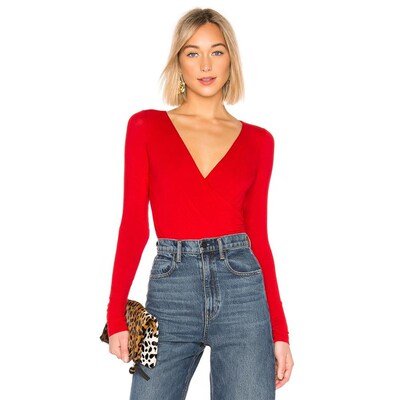 Magiray Women Bodysuit Thong Surplice Ruched Deep-V Neck Lon