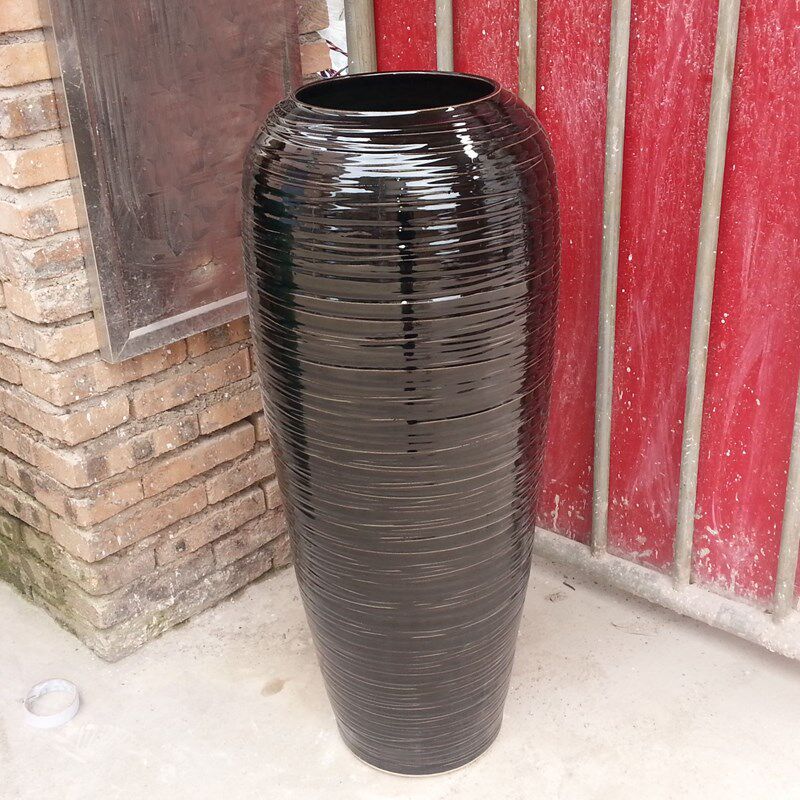 陶瓷落地花瓶干花插花瓶现代欧式客厅酒店别墅陶罐黑色亮光大花瓶