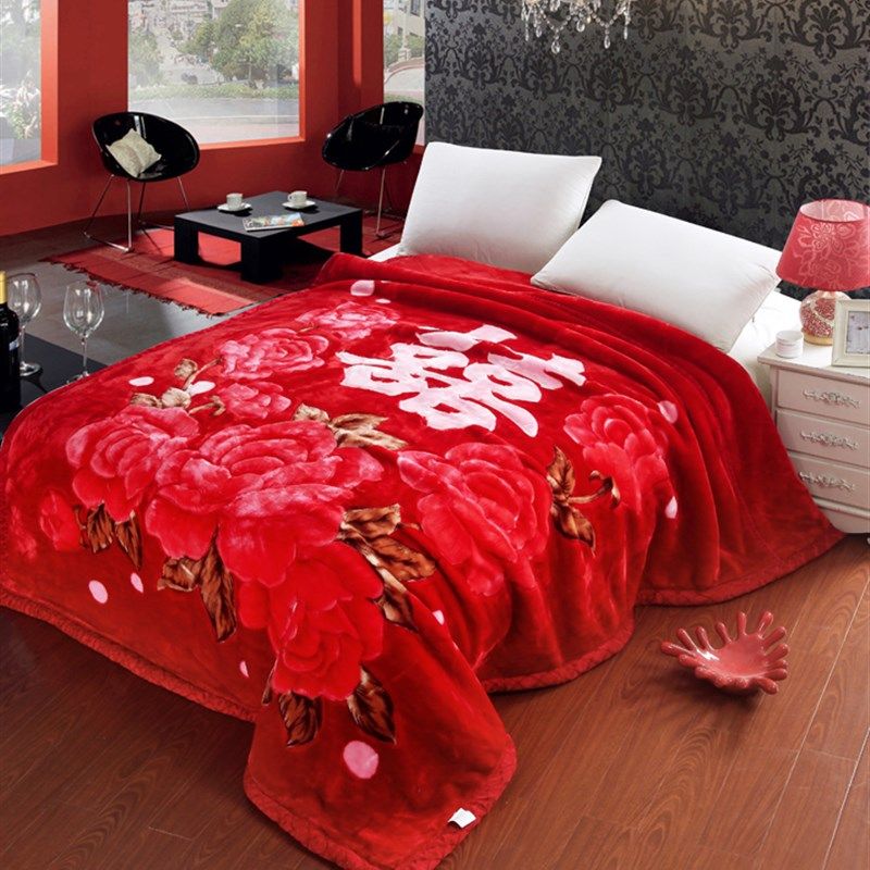 大红色婚庆毛毯加厚双层单双人秋冬拉舍尔毛毯结婚盖毯珊瑚绒毯子