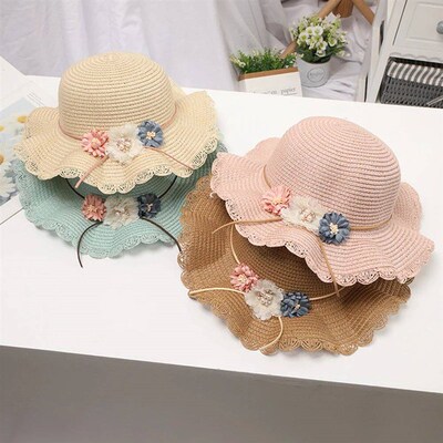 Kids Girls Large Wide Flower Straw Woven Sun Protection Beac