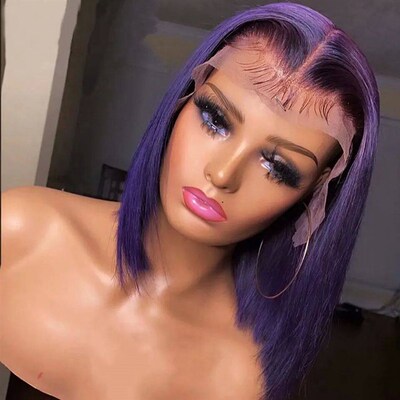 Short Bob Wig 180% Dark Purple Lace Front Human Hair Wigs Fo