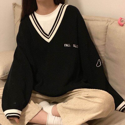 Womens Oversize Sweater Preppy Style Letter Patchwork V-Nec