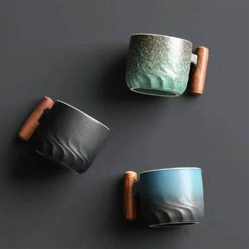 Exquisite Ceramic Retro Coffee Cup Wooden Handle Kiln