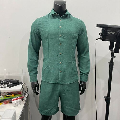 2025 Mens Line Lapel Long Sleeve Green Shirt Shorts Two-pie