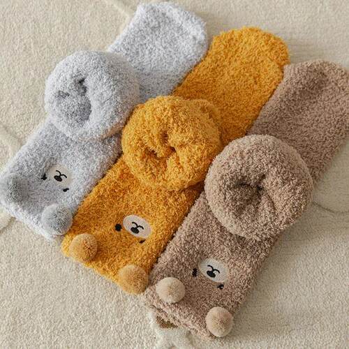 2 Pairs Cute Socks Bear Women Coral Velvet Thick Plush Warm