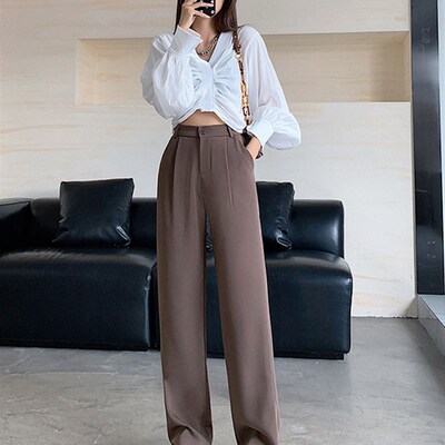 Jielur White Wide Leg Pants for Women High Waist Pockets Pan