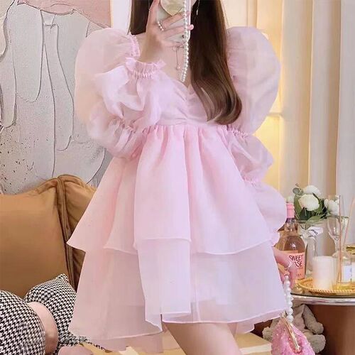Women French Style Backless Princess Dresses Puff Sleeve Emp
