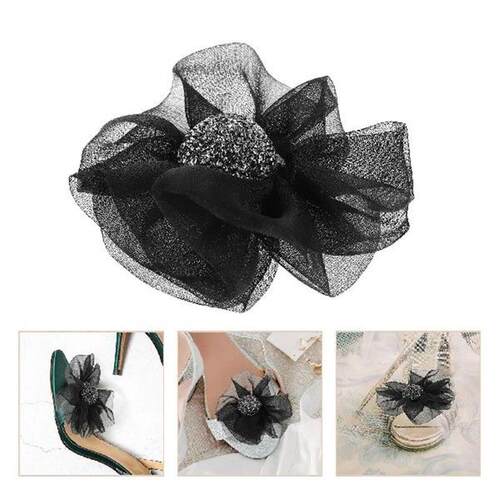 2Pcs Fabric Removable Shoe Clips Black Rhinestone High