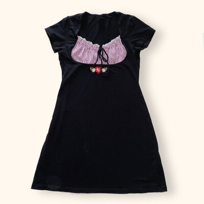 Vintage Kawaii Bow Embroidery Mini Dress Patchwork Square Co