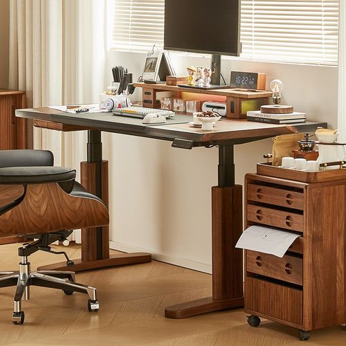 黑胡桃全实木智能电动升降书桌可调节工作台学生学习电脑桌办公桌