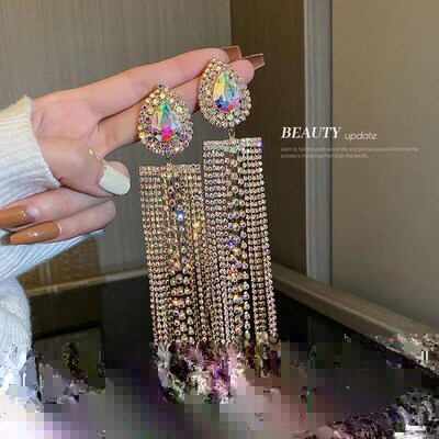 Exaggerated Black Waterdrop Crystal Long Statement Tassel Ea