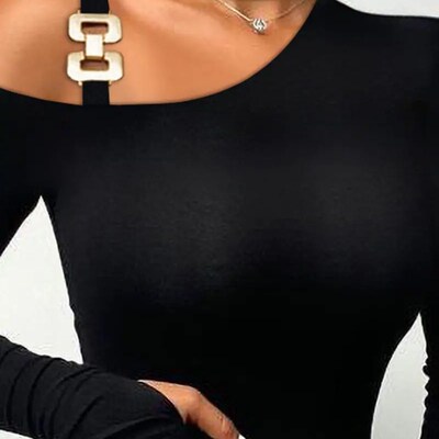 圆领纯色露肩长袖上衣T恤 Women Cold Shoulder Long Sleeve Top