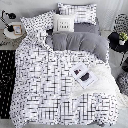 Bonenjoy Queen Size Bedding Set White Color Black Plaid Micr