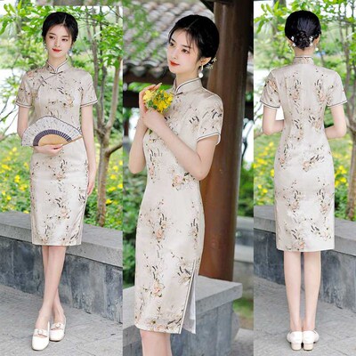 Mid-length Double-layer Silk Improved Slim Look Cheongsam Ne