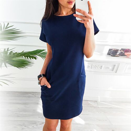 Women Casual Solid Color Short Sleeve Round Neck Pockets
