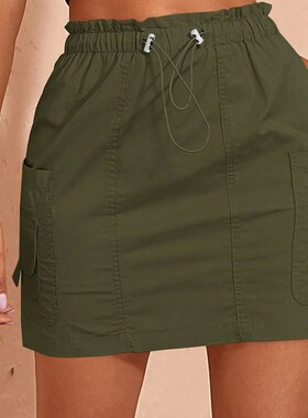 Women Fashion Cargo Mini Skirt Vintage Preppy Elastic Paperb